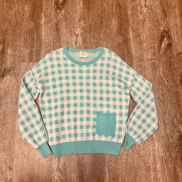 NWOT EDINBURGH KNITWEAR Turquoise White Plaid Sweater S - Picture 1 of 4